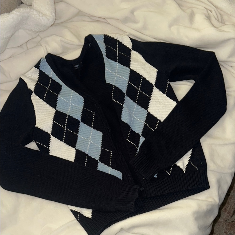 Brandy Melville Black and Blue Cardigan with Argyle Design